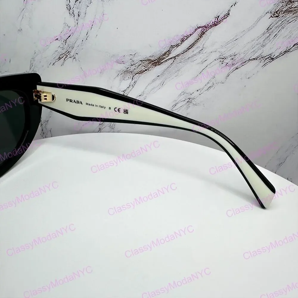 New PRADA Sunglasses Black White Talc Gold Symbole Oval Cat Eye Womens
